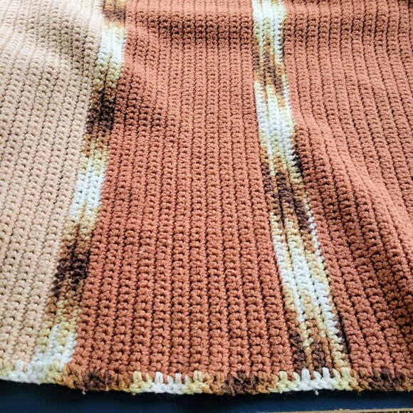Vintage Crochet LONG Afghan Blanket, Pink, Brown & Cream Stripes Couch Throw - Picture 5 of 10